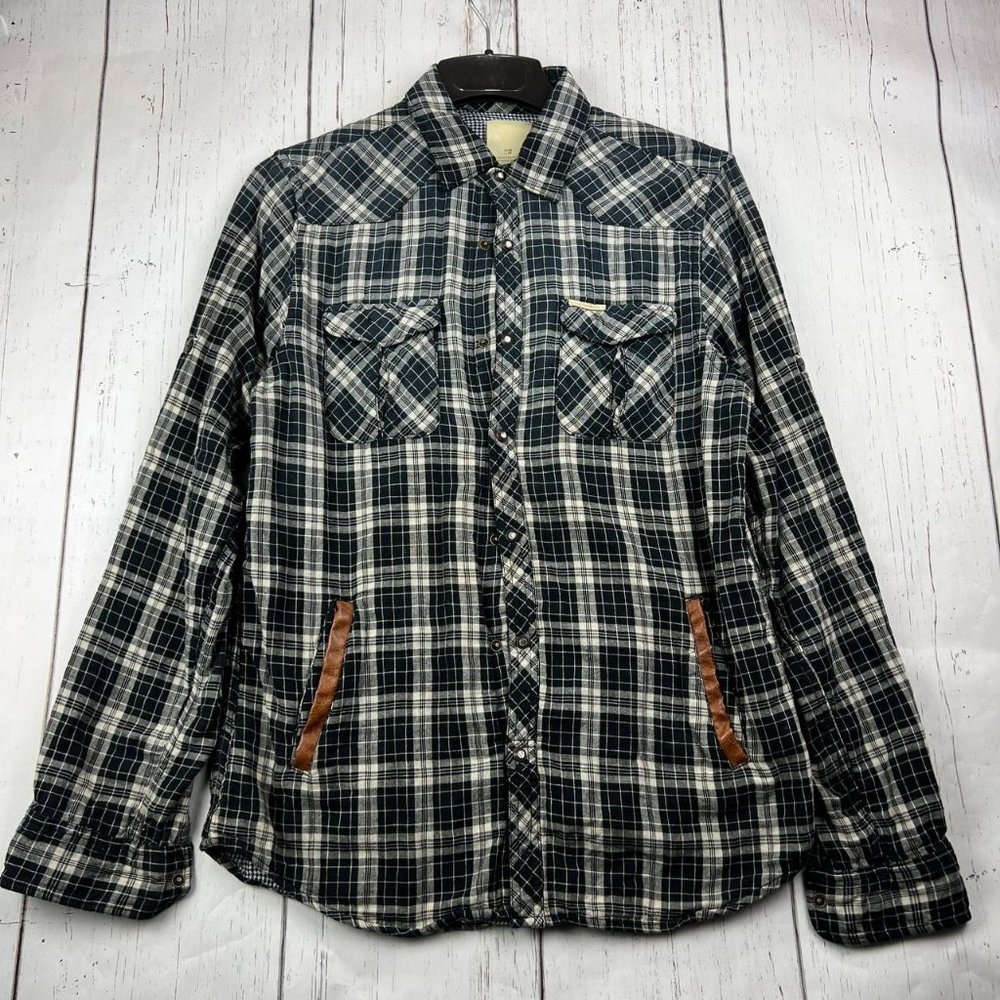 Scotch & Soda Large Plaid Long Sleeve Button Down Shirt Black Men Cotton